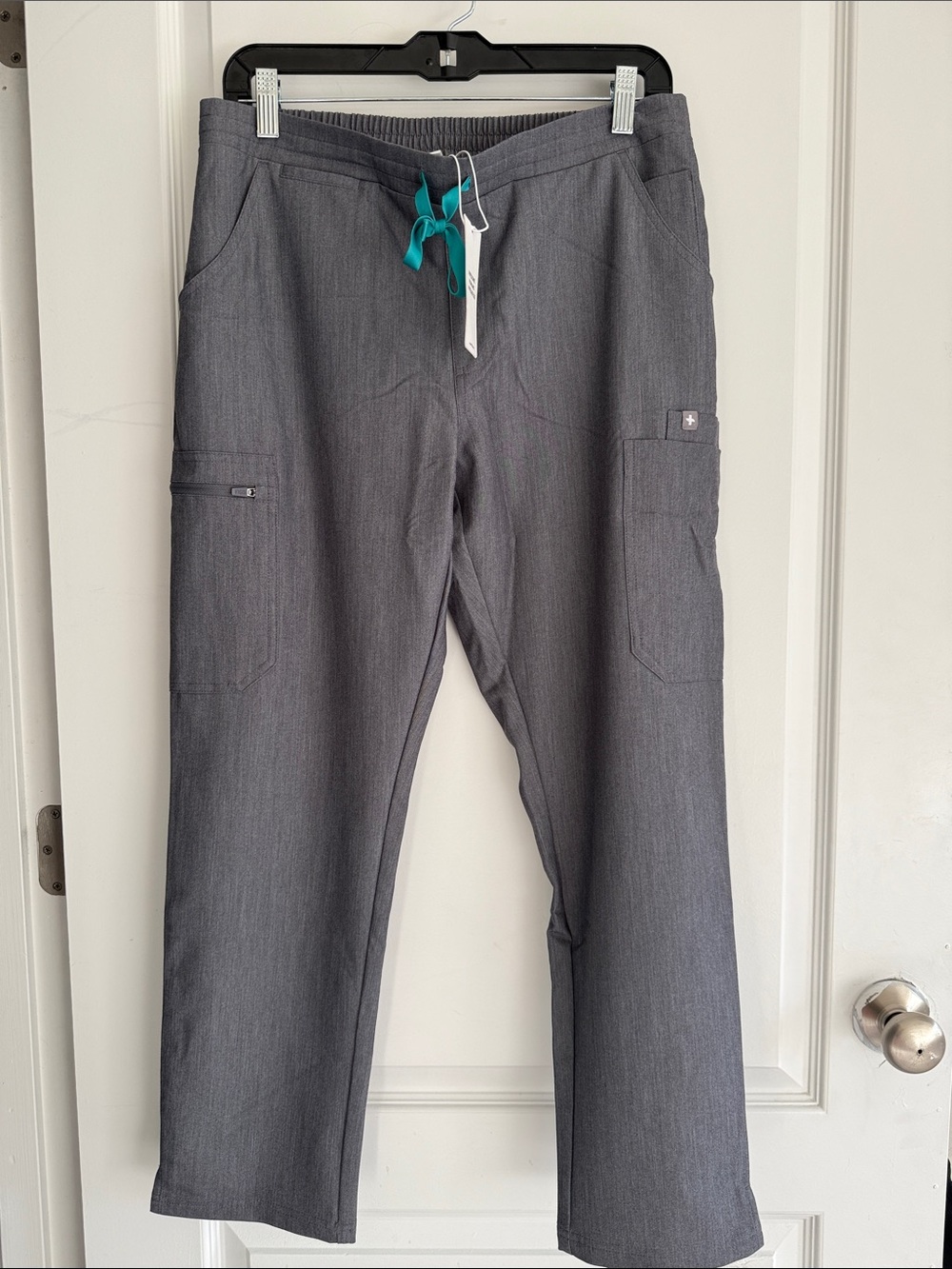 Figs Woman's Yola Skinny Straight Gray Cargo Pants with Teal Drawstring